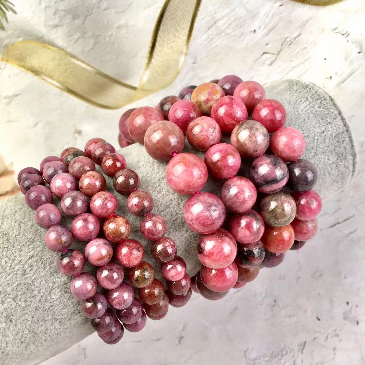 9-13MM Natural Gemstone Pink Black Rhodonite Healing Crystal Stretch Stone Bead Bracelet