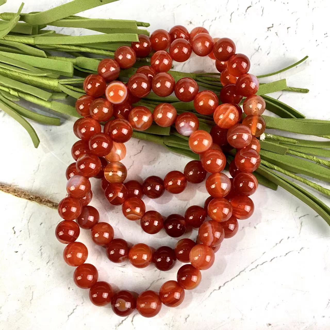 10MM Healing Bracelet Natural Gemstone Red Stripe Agate Bead Bracelet for Men and Women