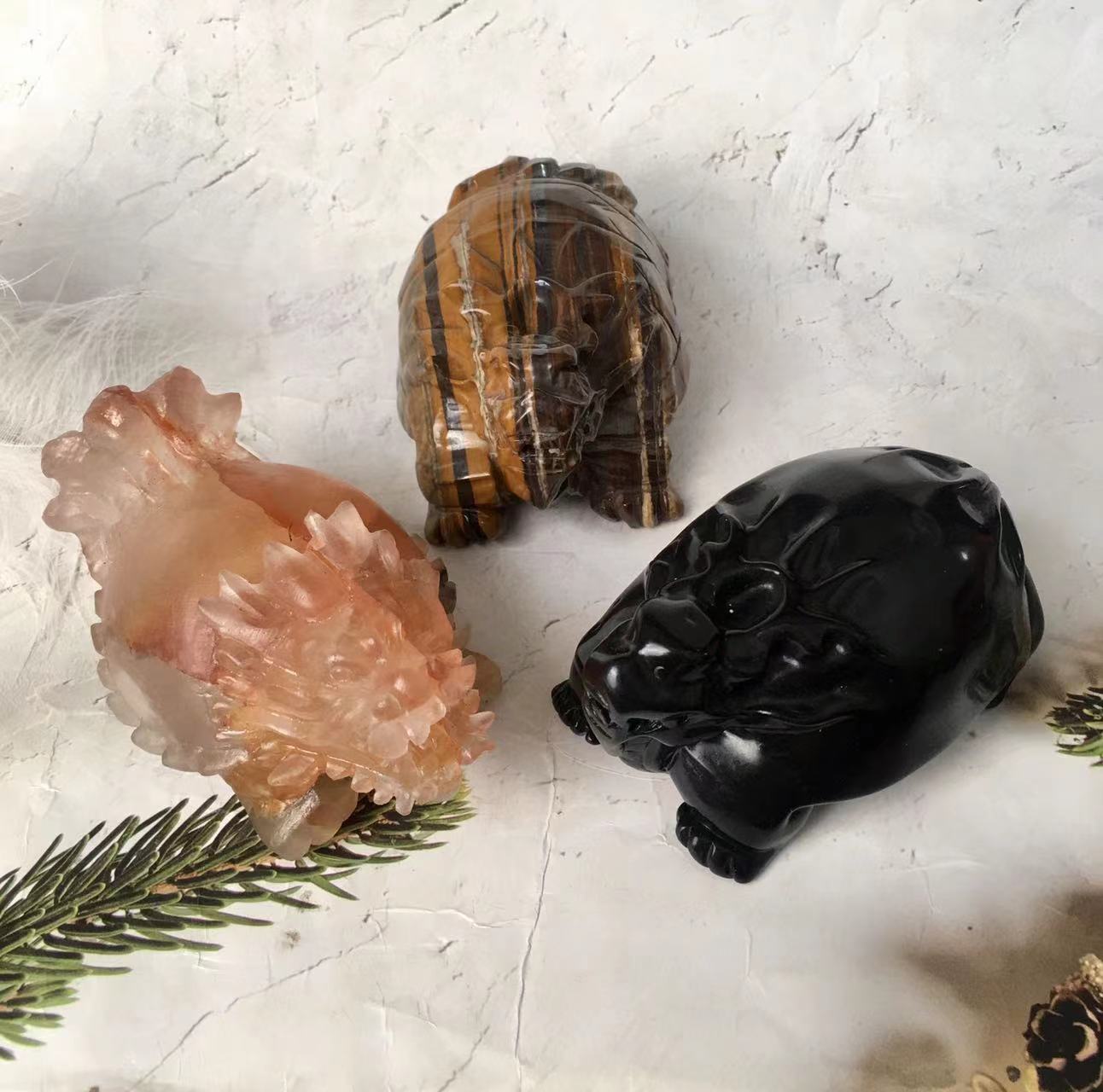 High Quality Natural Black obsidian /Golden healer quartz / yellow tiger eye dragon turtle carving