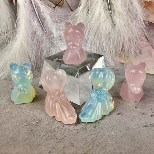 Wholesale natural crystal  Rose quartz and Pink Opal carving Halloween Ghost Dog Crystal ghost zero dog