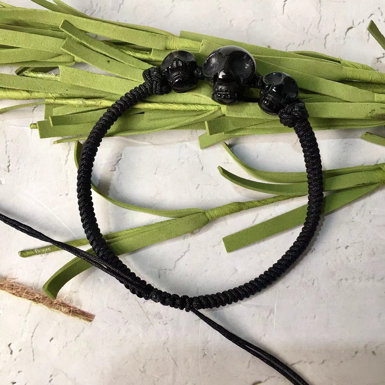 Black obsidian skulls Hand braided rope bracelets  wholesale gemstone carving Crystal