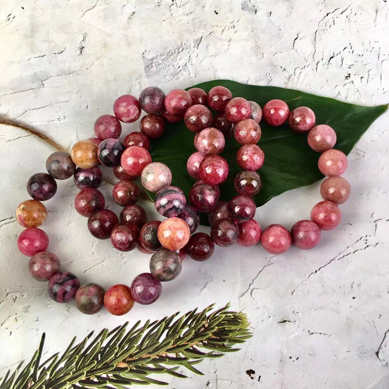 9-13MM Natural Gemstone Pink Black Rhodonite Healing Crystal Stretch Stone Bead Bracelet