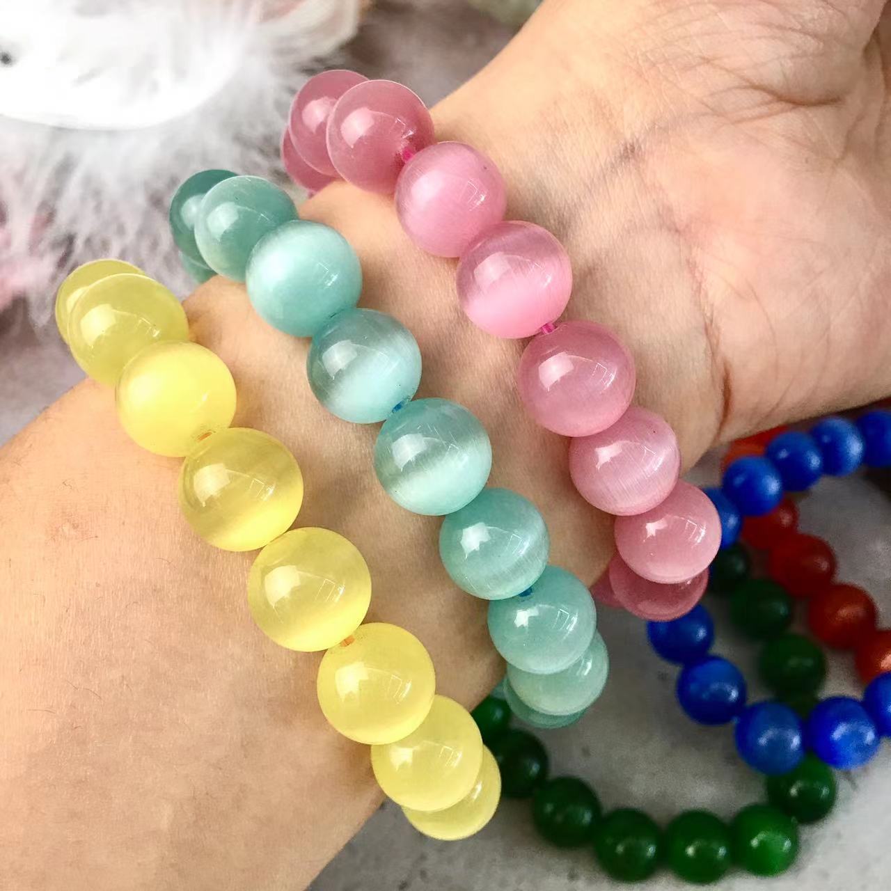 11mm Cat Eye Stone Beaded Bracelet Healing Crystal Gemstone Women Men Gift