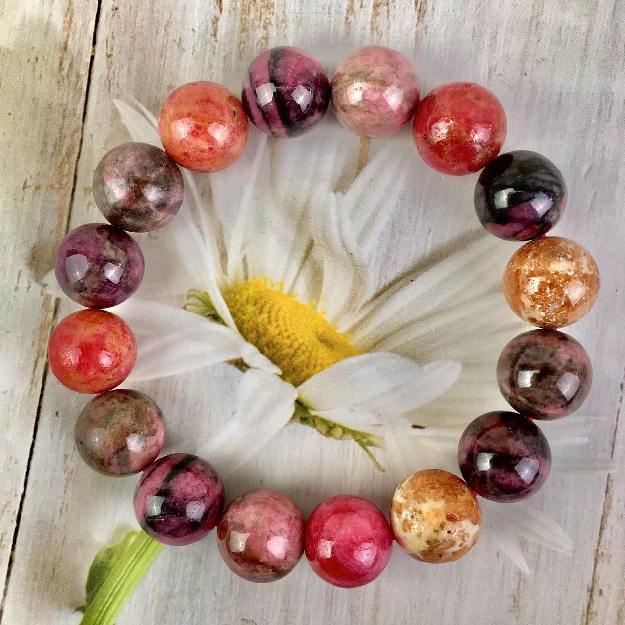 9-13MM Natural Gemstone Pink Black Rhodonite Healing Crystal Stretch Stone Bead Bracelet